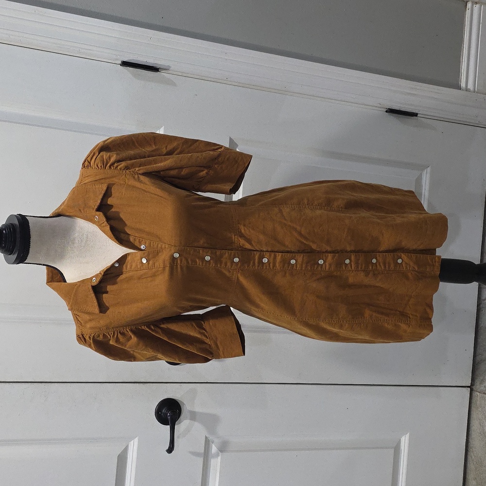 Brown Button-Up Dress with Puff Sleeves